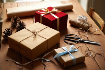 Wrapping christmas presents with pine cones, twine and scissors on wooden table