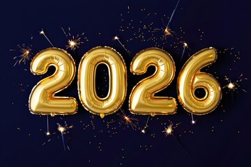 Golden balloons forming 2026 with sparkling bengal lights celebrating new year