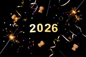 Celebrating new year's eve 2026 with sparkling bengal lights and champagne corks