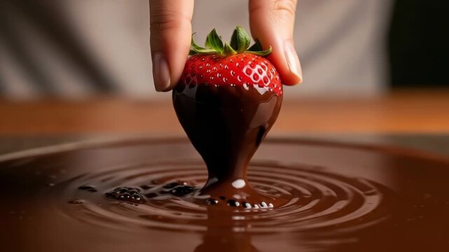 Strawberry dipped in chocolate, a delicious dessert. Strawberry dipped in chocolate, melting cocoa coating fruit. Fresh strawberry dipped in chocolate snack for video recipe, or food blog.