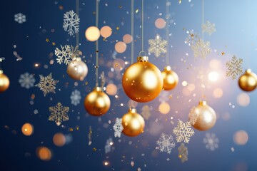 Golden christmas balls and snowflakes hanging on blue background