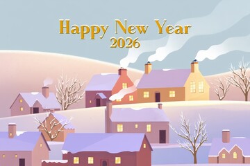 Happy new year 2026 greeting card featuring cozy snowy village at sunset