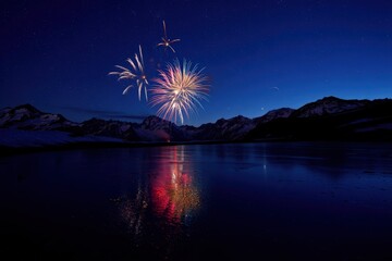 Fireworks exploding over a frozen alpine lake by night, reflecting in the water