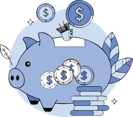Flat Isometric Piggy Bank with Coins Falling Inside Illustration