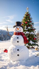 Obraz premium Snowman by Christmas tree in snowy landscape