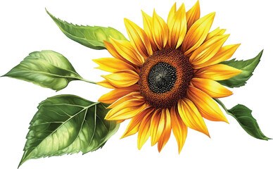 Watercolor Painting of a Bright Yellow Sunflower with Green Leaves bloom blossom