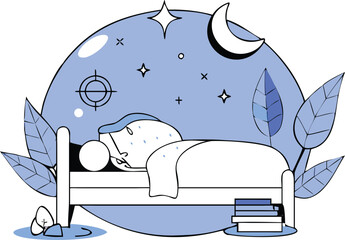 Flat Isometric Sleep Wellness with Bed, Moon, and Stars Illustration