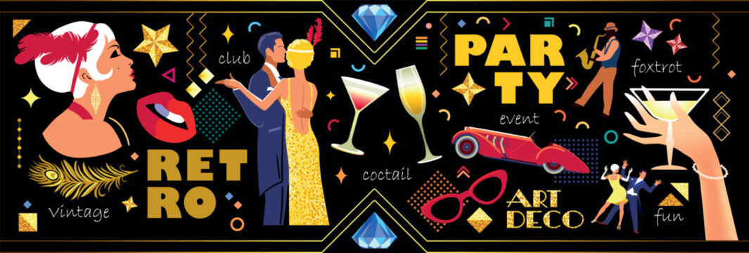 Bold retro party illustration with vibrant dancing couples, jazzman, vintage car,  lips, cocktails, diamonds and glittering stars. Perfect for event poster and retro designs. Handmade drawing vector.