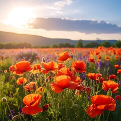 A vibrant field of poppies at sunset