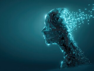 Abstract digital human head dissolving into binary code representing artificial intelligence and technological evolution
