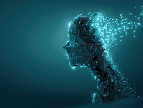 Abstract digital human head dissolving into binary code representing artificial intelligence and technological evolution