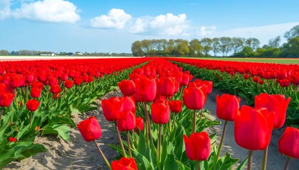 A vibrant field of red tulips under a partly cloudy sky