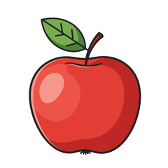 A vibrant red apple with a single green leaf and stem depicted in a simple cartoon illustration style