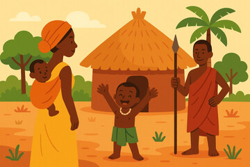 Obraz premium Flat vector illustration of African village family with hut, palm tree, and traditional clothing