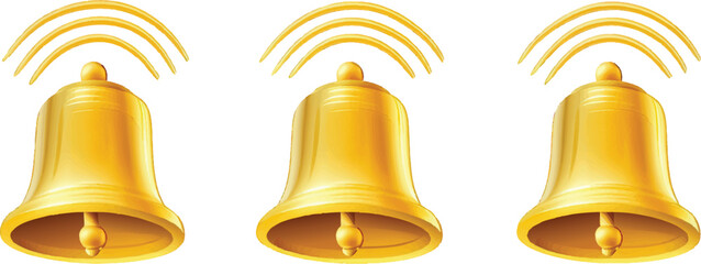 Three Golden Bells Ringing with Sound Waves on a White Background vector illustration