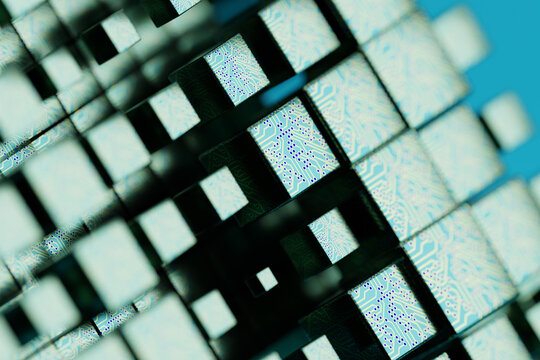 Abstract Close-Up of Intricate Metallic Structures With Circuitry