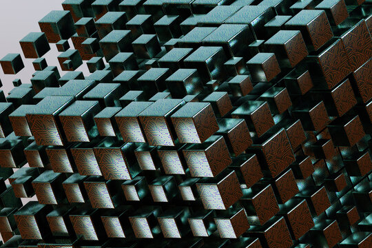 3D Abstract Structure of Layered Cubes in Striking Metallic Tones
