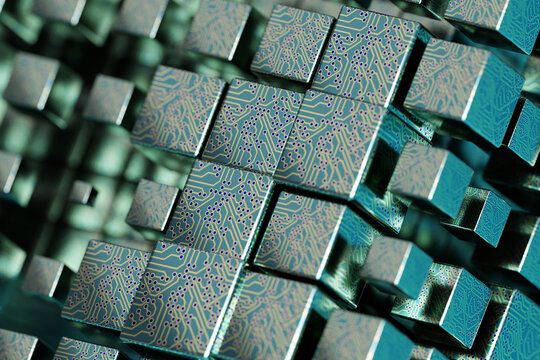 Abstract Close-Up of Intricate Metallic Structures With Circuitry