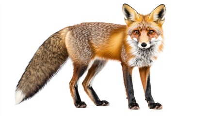 A full body shot of a red fox standing against a plain white background in a studio setting