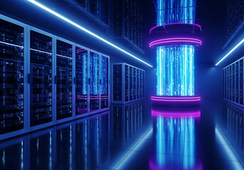Futuristic server room with glowing blue data streams and neon lights