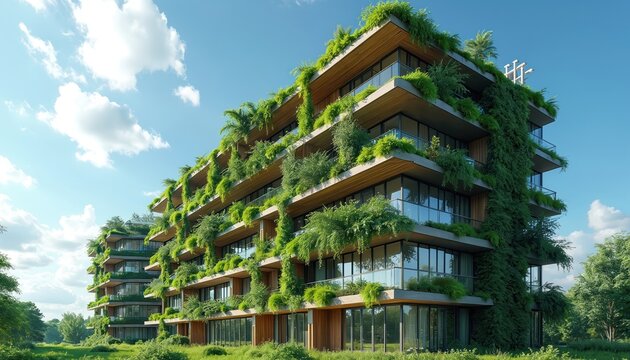 Modern eco-friendly building with vertical gardens covering exterior. Green architecture promotes sustainability, blending nature with urban living through renewable resources, advanced construction