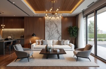 Fototapeta premium Modern luxury living room interior with plush white sofa, accent chairs, dark wood coffee table. Sleek kitchen area visible. Large windows offer natural light. Warm wood paneling, marble accent wall