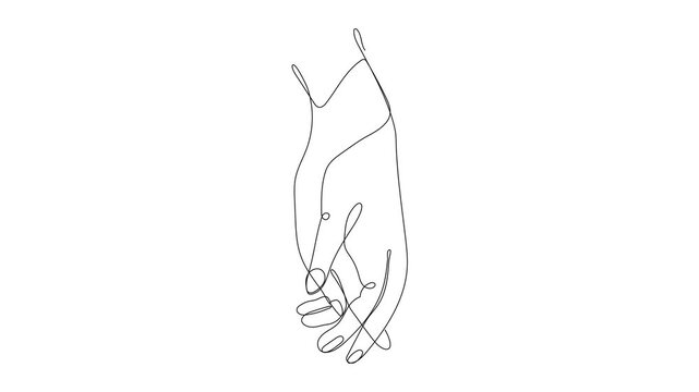 Minimalist line art animation featuring hand gestures holding hands, heart shape gesture, and intertwined pinkies with hearts, symbolizing love, connection, trust, and emotional video