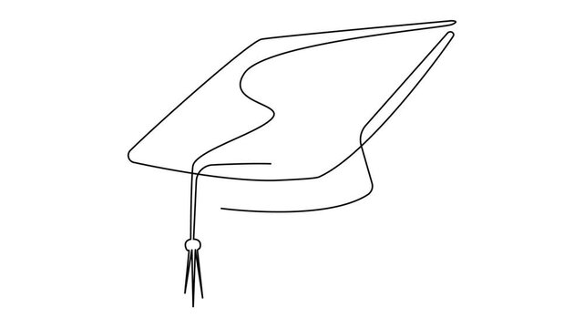 Continuous line animation of a graduation cap symbolizing end of the academic journey. Perfect for school, college, or university graduation themes. Represents the final day of school, achievement 