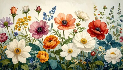 A vibrant floral display of various flowers in a lush meadow