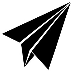 Simple black paper airplane icon flying forward against a white background