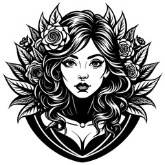 Elegant black and white portrait of a woman with roses and leaves in her hair