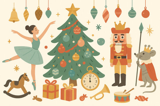 Whimsical Nutcracker ballet vector illustration with Christmas tree, ballerina, Nutcracker soldier, Mouse King, and festive decorations