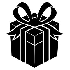 Simple black silhouette of a gift box with a ribbon and bow on a white background