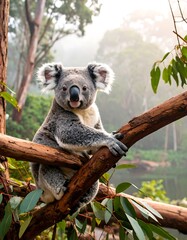A koala sits on a branch, looking directly at the camera.  Fluffy, serene