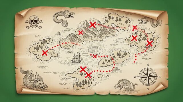 Uncover hidden treasures on this vintage pirate map, charting a perilous sea voyage to discovery.