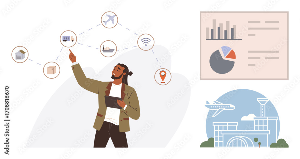 Aufkleber man pointing at transport network icons with node connections, holding a tablet. includes data chart