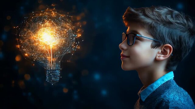 Child Prodigy Contemplates a Luminous Idea Bulb, Symbolizing Innovation and Future Technology.