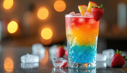 Vibrant layered cocktail in glass with fruit garnish perfect for World Cocktail Day. Refreshing beverage with strawberry, peach, mint, ice. Taste exotic flavors for bar, party, summer celebration.