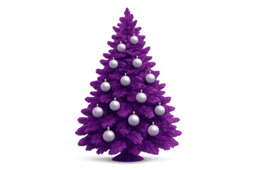 Purple christmas tree with silver baubles on transparent background
