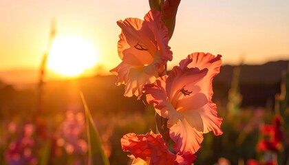 Gladiolus blooms bathed in golden light, a field extends to a bright, sunlit horizon