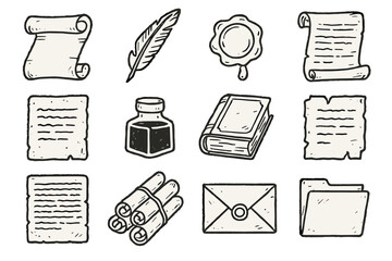 Writing tools silhouette icon set. featuring scrolls, quill, wax seal, inkwell, book, documents, envelope, folder