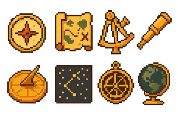 Navigation and exploration pixel icon set. featuring compass, map, sextant, telescope, sundial, star chart, globe