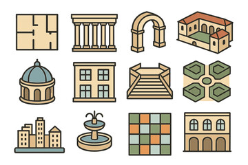 Architecture flat icon set. featuring floor plan, column, arch, villa, dome, building, stairs, fountain, mosaic