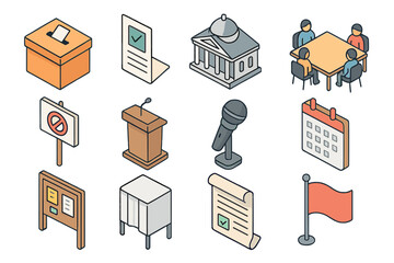 Election and voting isometric icon set. featuring ballot box, vote, government building, meeting, podium, and microphone symbols