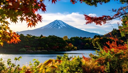 Landscape shows serene lake with mountain and autumnal foliage framing the view