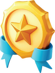 Golden award medal with a yellow star and blue ribbon on a white background Keywords: award, medal, gold, golden, star, ribbon, blue, prize, winner, success