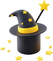 Black wizard hat with yellow stars and a yellow band with a magic wand on a white background Keywords: wizard, magic, hat, stars, yellow, black, wand, spell