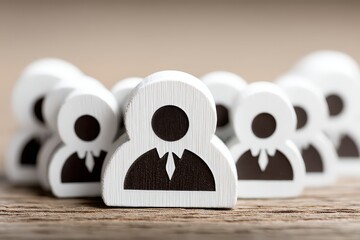Unique collection of wooden figurines representing business professionals with a focus on leadership diversity teamwork empowerment and collaboration in a modern workspace setting