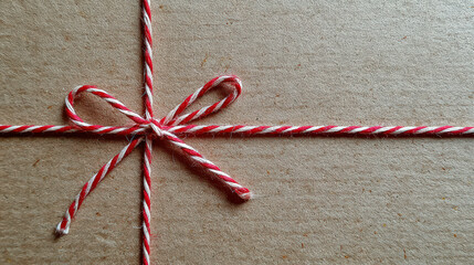 Rustic Brown Background with Red and White Twine Bow Knot Detail