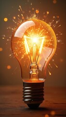 Glowing light bulb explodes with sparks, innovation, energy, bright ideas. Artistic display of abstract brilliance, technology, scientific discovery. Incandescent filament glows brightly.